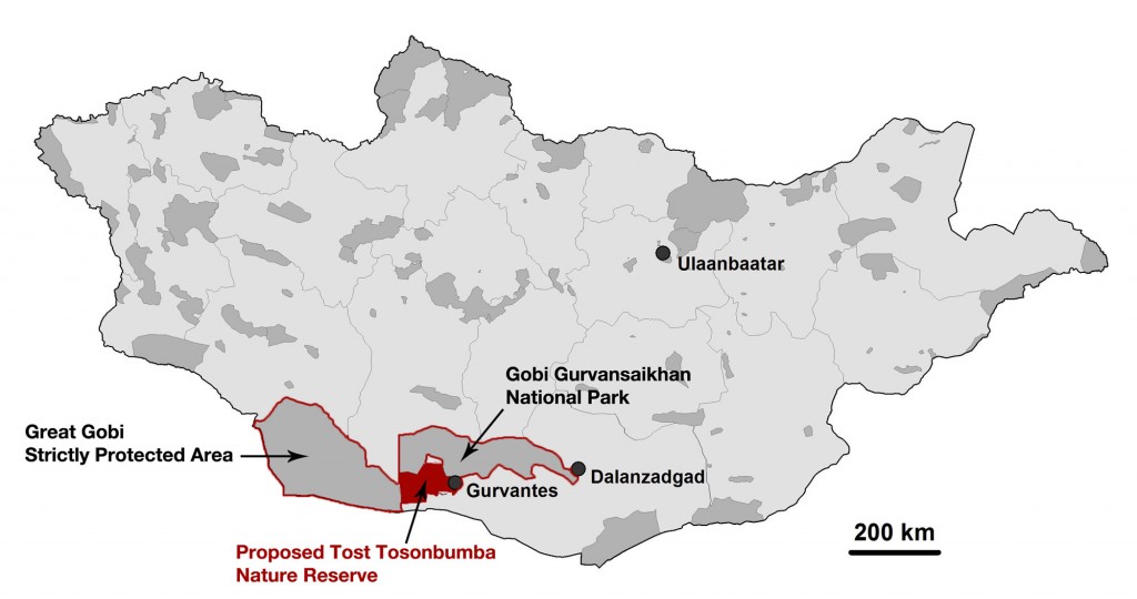 A map of Mongolia, showing the proposed area for Tost Nature Reserve (red) and existing Protected Areas (dark grey).